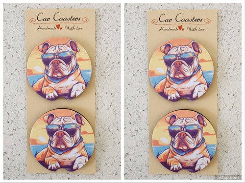 Bulldog on the Beach Car Coasters, Set of 4