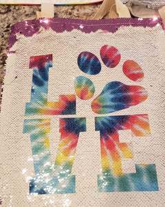 Tie Dye "Love" with Dog Paw Sequin Tote Bag